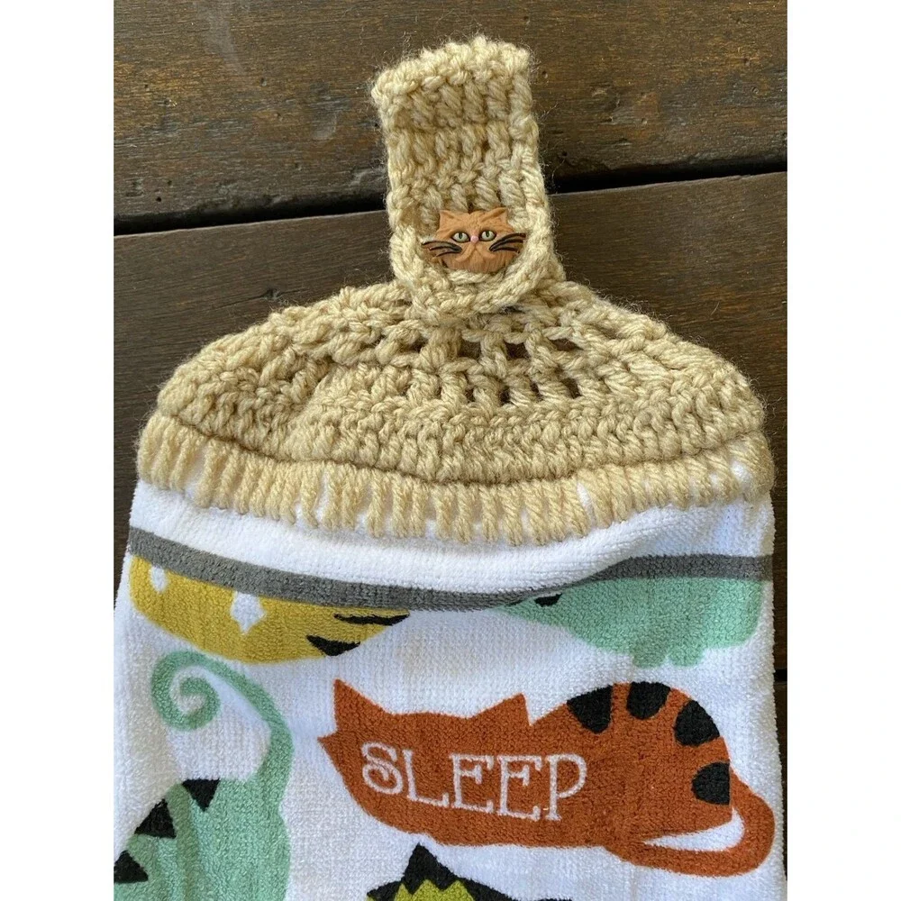 Crochet Top COLORFUL CATS Animal Print Hanging Kitchen Dish Towel Cat Button